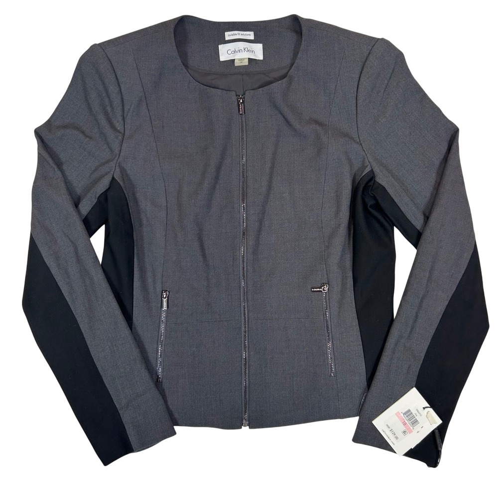 Calvin Klein Womens Grey Black Colorblock Zip Front Jacket Blazer Size 10 NEW